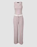 Notch Neck Top & Colorblock Pocket Design Pants Set