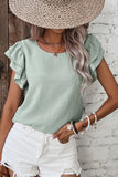 Clearly Aqua Solid Color Ruffled Short Sleeve Casual Blouse