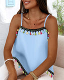 Square Neck Spaghetti Strap Colorful Tassel Decor Tank Casual Loose Fit Top