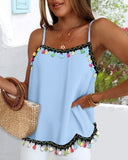 Square Neck Spaghetti Strap Colorful Tassel Decor Tank Casual Loose Fit Top