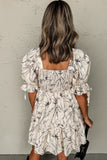 Beige Floral Print Square Neck Shirred Back Puff Sleeve Mini Dress