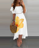 2 Piece Floral Print Contrast Lace Off Shoulder Ruffle Hem Top Dip Hrm Skirt Vacation Skirt Set