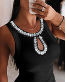 Sparkling Rhinestone Detail Keyhole Neck Bodycon Dress Slim Fit Mini Dress