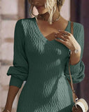 V Neck Long Sleeve Knit Mini Dress Casual A Line Sweater Dress