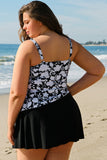 Black Plus Size Printed Square Neck Drawstring Ruffled Tankini Set