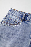 Beau Blue Pearl Studded Pockets Raw Hem Denim Shorts