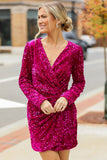 Pitaya Pink Velvet Sequin Long Sleeve V Neck Wrapped Mini Dress