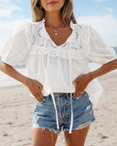 Notch Neck Puff Sleeve Embroidered Lace Drawstring Blouse
