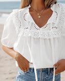 Notch Neck Puff Sleeve Embroidered Lace Drawstring Blouse