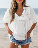 Notch Neck Puff Sleeve Embroidered Lace Drawstring Blouse