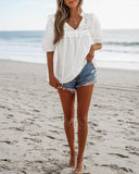 Notch Neck Puff Sleeve Embroidered Lace Drawstring Blouse
