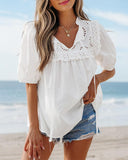 Notch Neck Puff Sleeve Embroidered Lace Drawstring Blouse