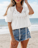 Notch Neck Puff Sleeve Embroidered Lace Drawstring Blouse