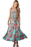 Green Abstract Print Smocked Bodice Knotted Straps Ruffled Maxi Dress