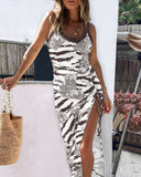 Zebra Stripe Side Slit Drawstring Ruched Bodycon Casual Dresses Sleeveless Thick Strap Dress