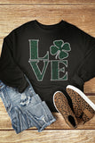 Black Rhinestone LOVE Clover Graphic St Patricks Pullover Sweatshirt