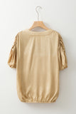 Gold Solid Color Metallic Ruched Sleeve Back Knot Blouse