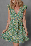 Green Flower Print Flutter Sleeve V Neck Sashed Ruffled Mini Dress