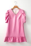 Sachet Pink Pleather Bubble Short Sleeve V Neck Ruffled Hem Mini Dress