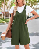 V Neck Sleeveless Waffle Romper Casual Drawstring Cargo Short Jumpsuit with Pockets