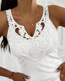 Contrast Lace V Neck Jacquard Knit Tank Casual Hollow Out Skinny Sleeveless Top