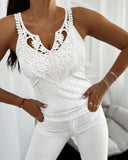 Contrast Lace V Neck Jacquard Knit Tank Casual Hollow Out Skinny Sleeveless Top