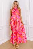 Rose Abstract Printed High Neck Knotted Nape Sleeveless Maxi Dress