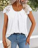 Contrast Lace Round Neck Short Sleeve Ruched Top Casual Slim Fit T Shirt