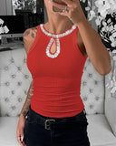 Rhinestone Contrast Sequin Keyhole Neck Sleeveless Slim Fit Elasticity Ribbed Top Elegant Tank