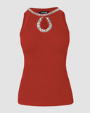 Rhinestone Contrast Sequin Keyhole Neck Sleeveless Slim Fit Elasticity Ribbed Top Elegant Tank