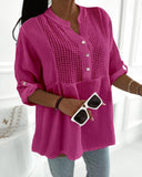 Roll Up Sleeve Hollow Out Shirt Button Front Casual Blouse Top