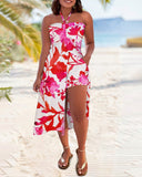 2 Pieces Outfit Floral Print Halter High Slit Long Top and Shorts Set with Pockets