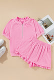 Pink Half Zip Puff Sleeve Top and Ruffled Shorts Set