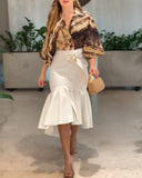Tie Dye Print Turn down Collar Lantern Sleeve Loose Blouse Casual Top