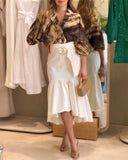 Tie Dye Print Turn down Collar Lantern Sleeve Loose Blouse Casual Top