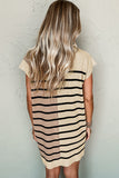 Khaki Stripe Color Block Quarter Zip Collar Short Sleeve Sweater Dress