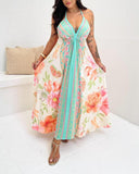 Floral Print Halter Sleeveless Maxi Dress Hollow Out Flowy A Line Vacation Dress