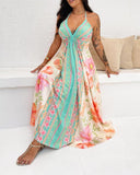 Floral Print Halter Sleeveless Maxi Dress Hollow Out Flowy A Line Vacation Dress