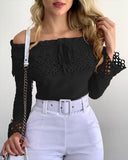 Off Shoulder Guipure Lace Frill Hem Drawstring Top