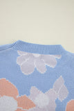 Beau Blue Floral O Neck Drop Shoulder Knitted Sweater