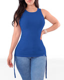 Round Neck Sleeveless Thick Strap Drawstring Tied Detail Tank Casual Top