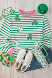 Bright Green Striped Sequin Clover Graphic Colorblock Long Sleeve St Patrick Top