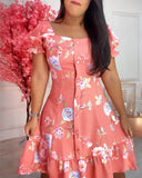 Floral Print Square Neck Puff Sleeve Button Front Midi Dress Casual Cinched Waist Ruffle Hem A Line Dress