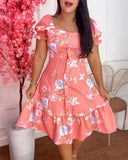 Floral Print Square Neck Puff Sleeve Button Front Midi Dress Casual Cinched Waist Ruffle Hem A Line Dress