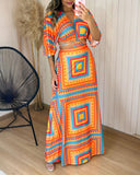 Tropical Print Plunge V Neck Waist Cutout Boho Maxi Dress Three Quarters Tied Detail Elastic Waist Back Vacation Dress