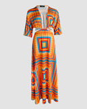 Tropical Print Plunge V Neck Waist Cutout Boho Maxi Dress Three Quarters Tied Detail Elastic Waist Back Vacation Dress