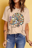 Khaki Heat Transfer Printing Thanksgiving Turkey Print Round Neck T Shirt
