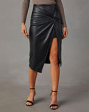 Twisted Slit PU Leather Asymmetrical Skirt