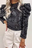 Black Sequin Mock Neck Bubble Sleeve Top