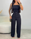 2 Pieces Outfit Bandeau Button Decor Vest Top and Casual Wide Leg Pants Set